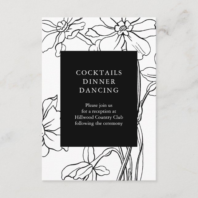 Moderne Schwarz-Weiß-Hochzeitsempfehlung Begleitkarte (Vorderseite)