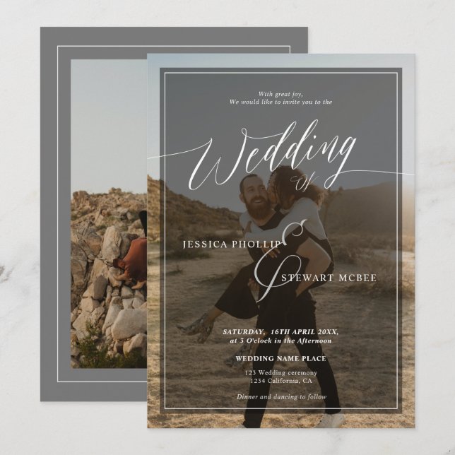 Moderne Schwarz-Weiß-Hochzeitsskripte 2 Fotos Einladung (Vorne/Hinten)