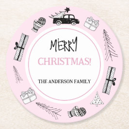 Moderne Schwarz-Weiß-Illustration auf Rosa Runder Pappuntersetzer