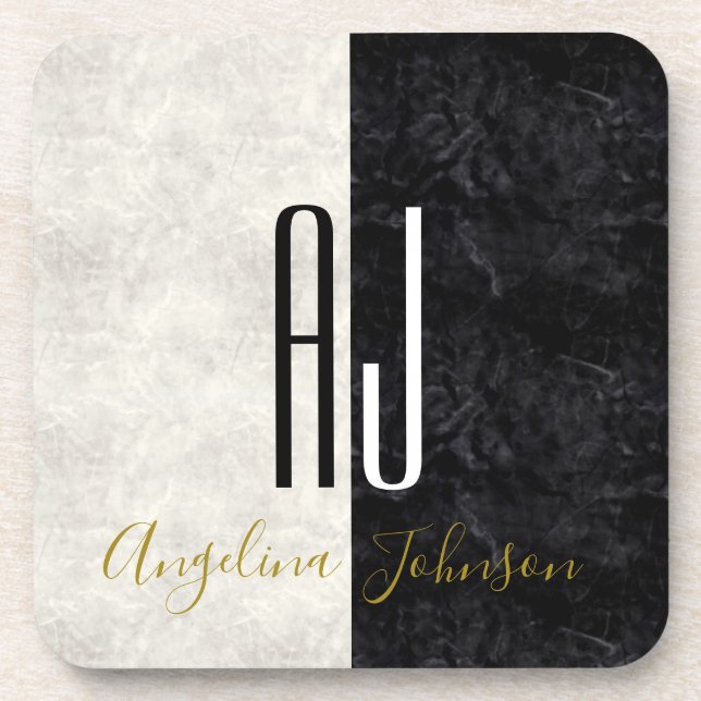 Moderne Schwarz-Weiß-Initialen Mit Monogramm Getränkeuntersetzer (Vorderseite)