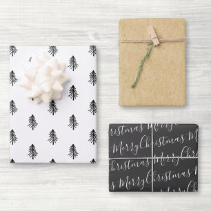 Moderne Schwarz-Weiß-Kalligrafie-Weihnachtsbaum Geschenkpapier Set