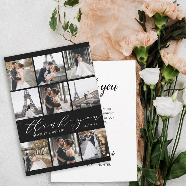 Moderne Schwarz-Weiß-Kalligraphie 9 FotoCollage Dankeskarte (Von Creator hochgeladen)