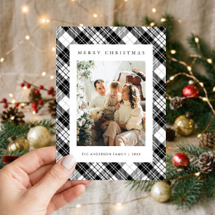 Moderne Schwarz-Weiß-Karo-Familienfoto-Weihnachten Feiertagskarte