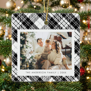 Moderne Schwarz-Weiß-Karo-Familienfoto Weihnachten Keramikornament