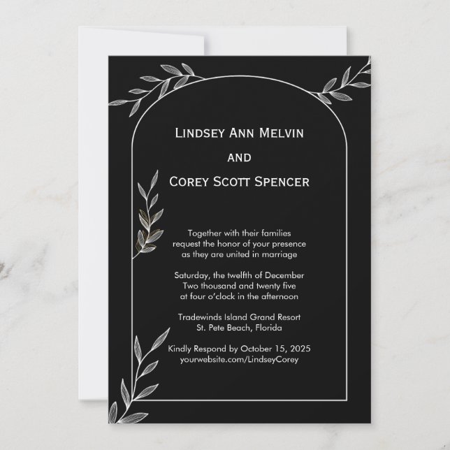 Moderne Schwarz-Weiß-Leaf-Hochzeit Einladung (Vorderseite)