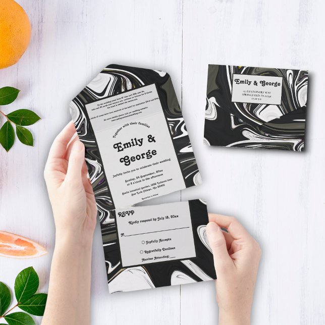 Moderne Schwarz-Weiß-Minimal-Abstrakte Hochzeit All In One Einladung (Von Creator hochgeladen)