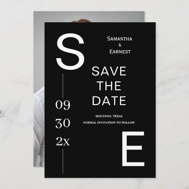 Moderne Schwarz-Weiß-Minimal-Monogramm-Hochzeit Save The Date (Vorne/Hinten)