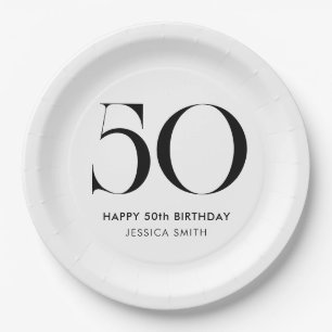 Moderne Schwarz-Weiß-Minimalist 50. Geburtstag Pappteller