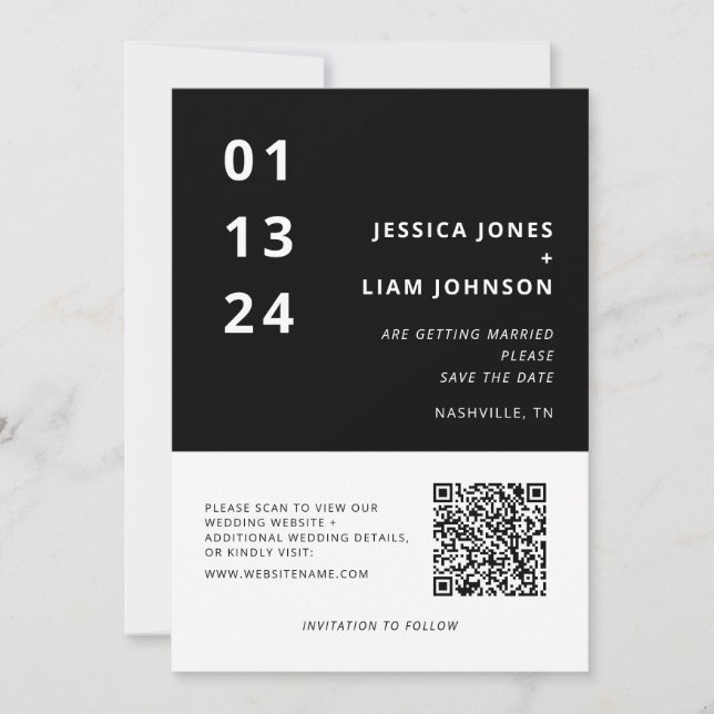 Moderne Schwarz-Weiß-Minimalist-Ehe-QR-Code Save The Date (Vorderseite)