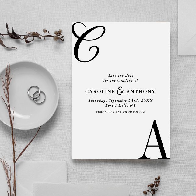 Moderne Schwarz-Weiß-Minimalist-Monogramm-Hochzeit Save The Date (Von Creator hochgeladen)