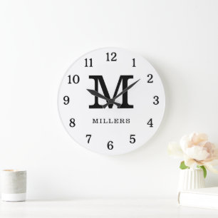 Moderne Schwarz-Weiß-Monogramm-Familienname Große Wanduhr