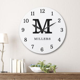 Moderne Schwarz-Weiß-Monogramm-Familienname Große Wanduhr