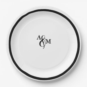 Moderne Schwarz-Weiß-Monogramm-Hochzeit Pappteller