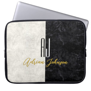 Moderne Schwarz-Weiß-Monogramm-Initialen aus Marmo Laptopschutzhülle