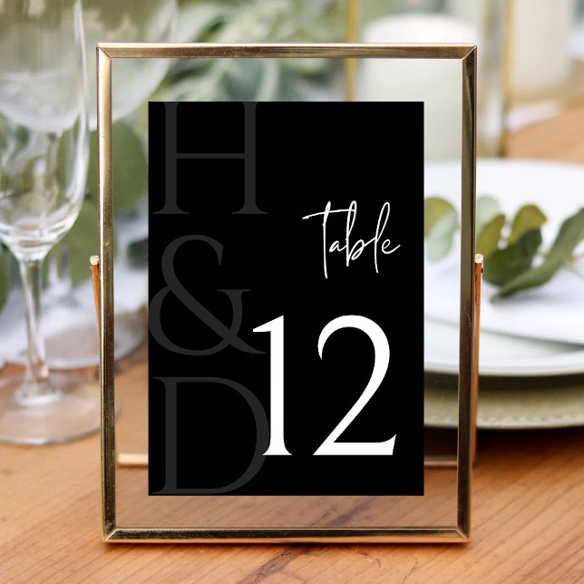 Moderne Schwarz-Weiß-Monogramm-Minimalist-Hochzeit Tischnummer (Modern black and white monogram table number adds a sleek, minimalist touch to reception tables.)