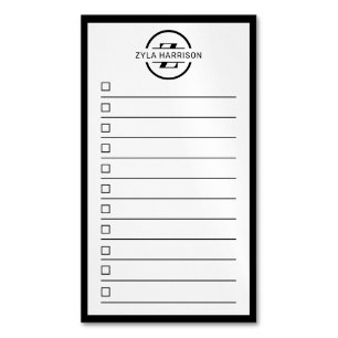 Moderne Schwarz-Weiß-Monogramm-Name-To-Do-Liste Magnetische Visitenkarte