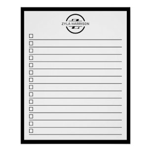 Moderne Schwarz-Weiß-Monogramm-Name-To-Do-Liste Poster