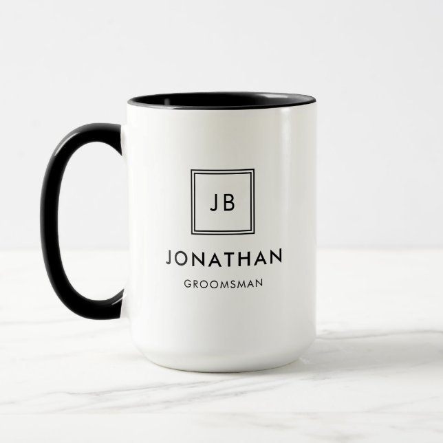 Moderne Schwarz-Weiß-Monogramm-Trauzeugen Tasse (Links)
