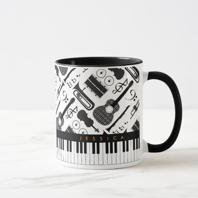 Moderne Schwarz-Weiß-Musikinstrumente Muster m Tasse (Rechts)