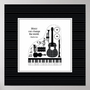 Moderne Schwarz-Weiß-Musikinstrumente-Muster Poster