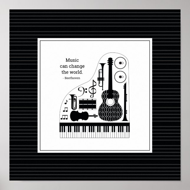 Moderne Schwarz-Weiß-Musikinstrumente-Muster Poster (Vorne)
