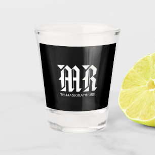 Moderne Schwarz-Weiß-Namen Monogram-Initialen MR Schnapsglas