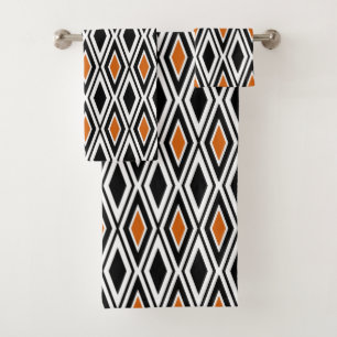 Moderne Schwarz Weiß Orange Diamantmuster Badhandtuch Set