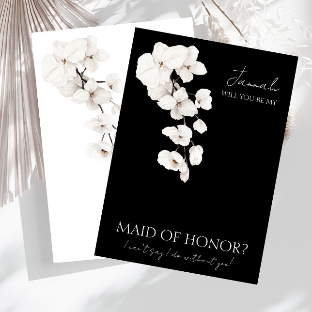 Moderne Schwarz-Weiß-Orchideen-Trauzeugin Einladung (Modern Black and White Orchids Flowers 'Will You Be My Maid Of Honor?' Invite)