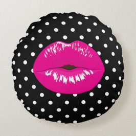 Moderne Schwarz-Weiß-Polka-Dotlips Kiss-Mode Rundes Kissen