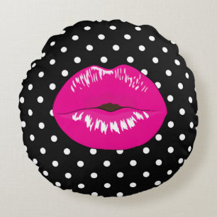 Moderne Schwarz-Weiß-Polka-Dotlips Kiss-Mode Rundes Kissen