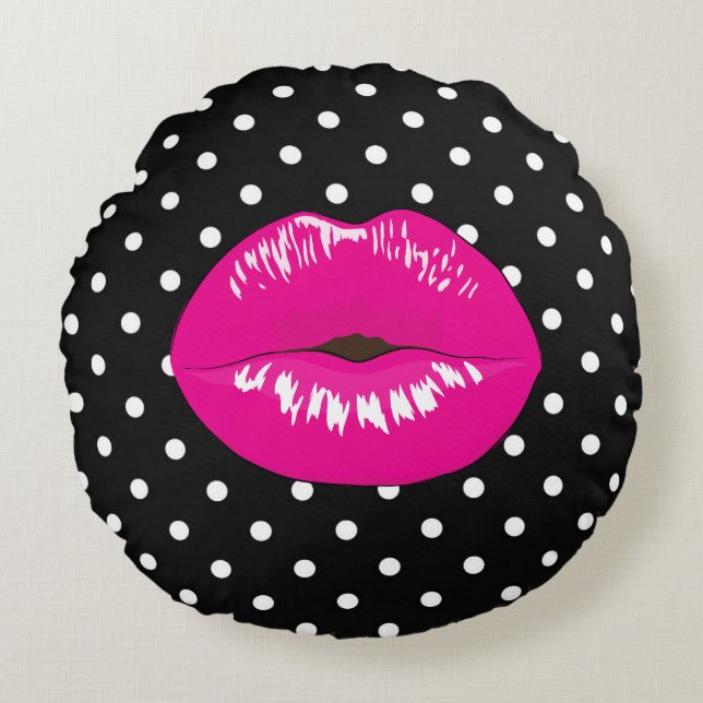 Moderne Schwarz-Weiß-Polka-Dotlips Kiss-Mode Rundes Kissen (Vorderseite)