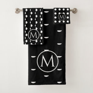Moderne Schwarz-Weiß-Polka-Dots-Monogramm Badhandtuch Set
