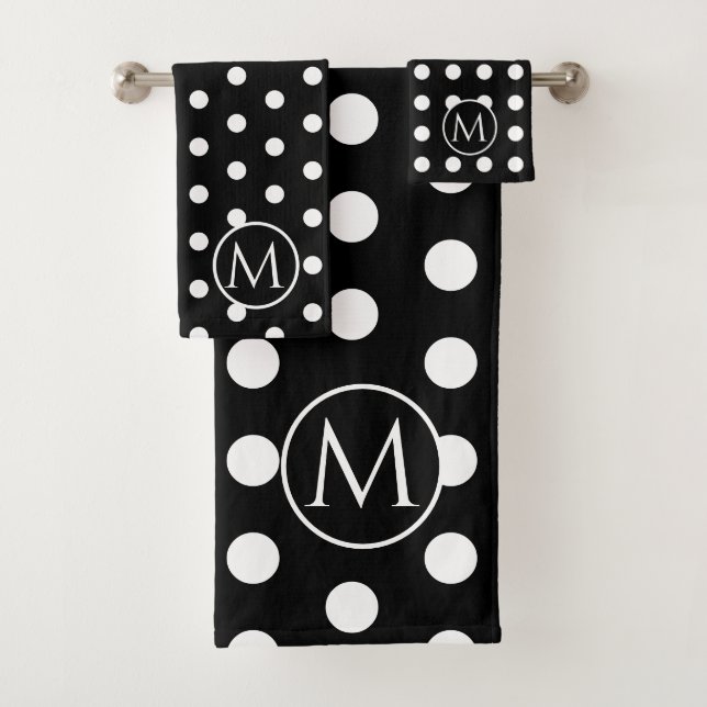 Moderne Schwarz-Weiß-Polka-Dots-Monogramm Badhandtuch Set (Insitu)