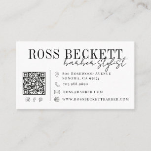 Moderne Schwarz-Weiß-QR-Code-Barber-Friseur Visitenkarte