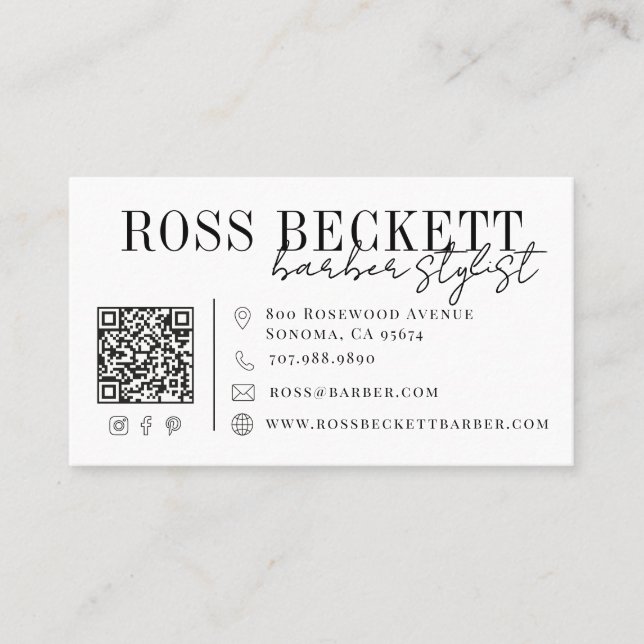 Moderne Schwarz-Weiß-QR-Code-Barber-Friseur Visitenkarte (Vorderseite)
