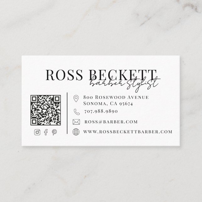 Moderne Schwarz-Weiß-QR-Code-Barbier  Visitenkarte (Vorderseite)