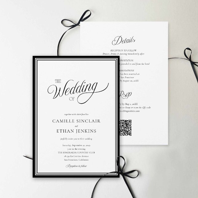 Moderne Schwarz-Weiß-QR-Code-Einladung Alles in Ei Einladung (Modern Black and White QR Code Wedding Invite)