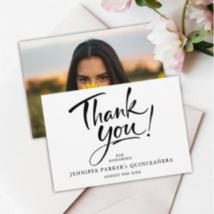 Moderne Schwarz-Weiß-Quinceañera-Foto Dankeskarte
