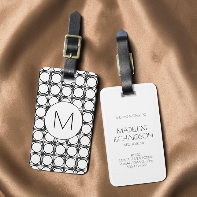 Moderne Schwarz-Weiß-Rattanmuster-Monogramm Gepäckanhänger (Modern Black and White Rattan Pattern Monogram Luggage Tag)
