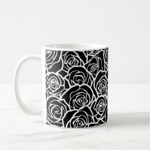 Moderne Schwarz-Weiß-Rosen Chic Floralmuster Tasse