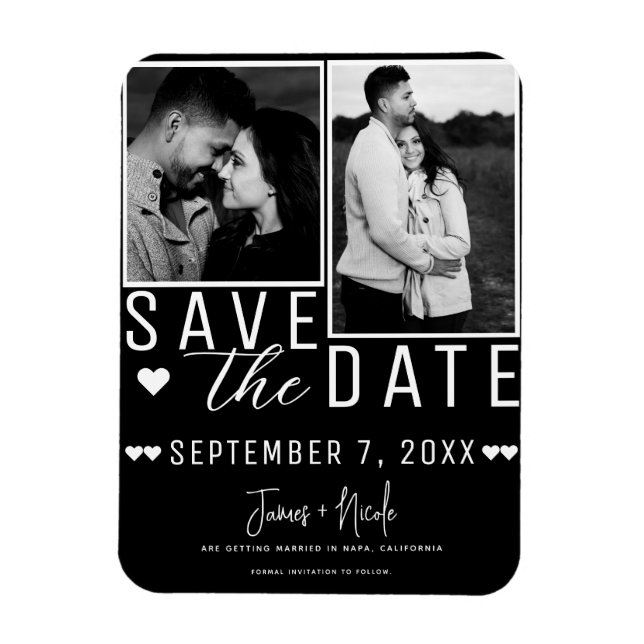 Moderne Schwarz/Weiß Save the Date 2 Foto Hochzeit Magnet (Vertikal)