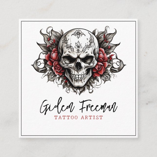 Moderne Schwarz-Weiß-Schädel-Rose Tattoo Artist Quadratische Visitenkarte (Vorderseite)