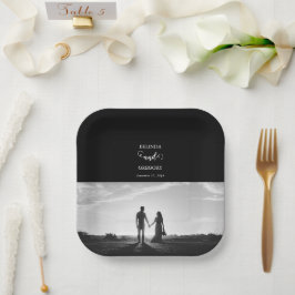 Moderne Schwarz-Weiß-Script-Couple-Foto-Hochzeit Pappteller
