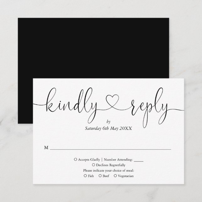 Moderne Schwarz-Weiß-Script-Herz freundlich Antwor RSVP Karte (Vorne/Hinten)