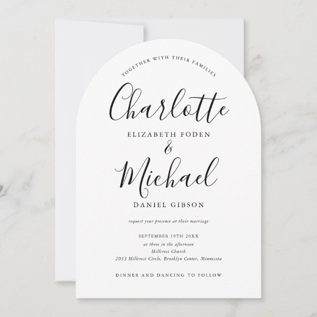 Moderne Schwarz-Weiß-Script-Hochzeit Einladung (Vorderseite)