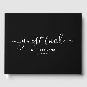 Moderne Schwarz-Weiß-Script-Hochzeit Gästebuch