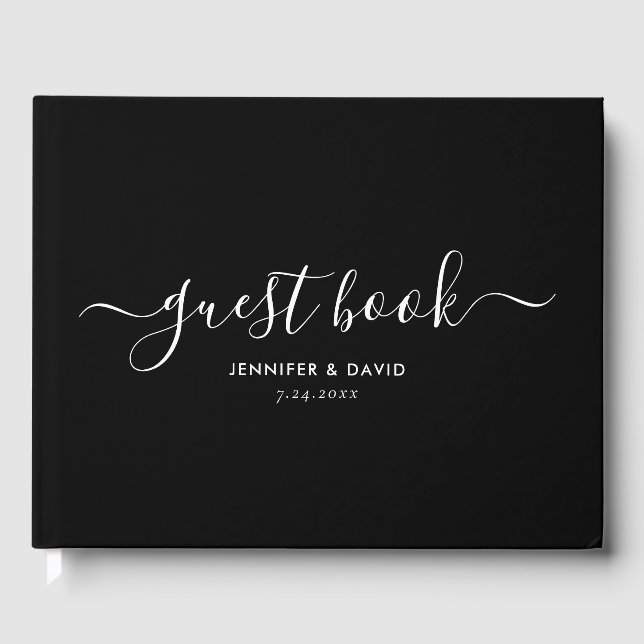 Moderne Schwarz-Weiß-Script-Hochzeit Gästebuch (Vorderseite)