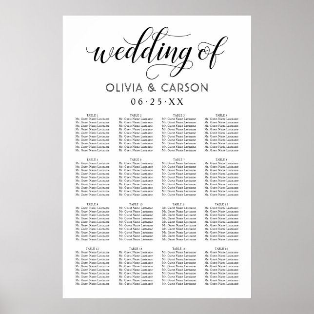 Moderne Schwarz-Weiß-Script-Hochzeitssitze Poster (Vorne)