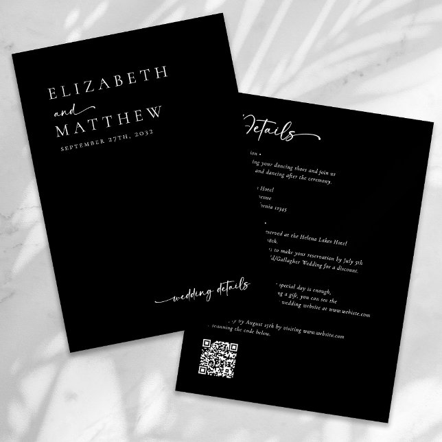 Moderne Schwarz-Weiß-Script-QR-Hochzeit Begleitkarte (Von Creator hochgeladen)
