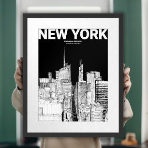 Moderne Schwarz-Weiß-Skizze der New Yorker Skyline Poster